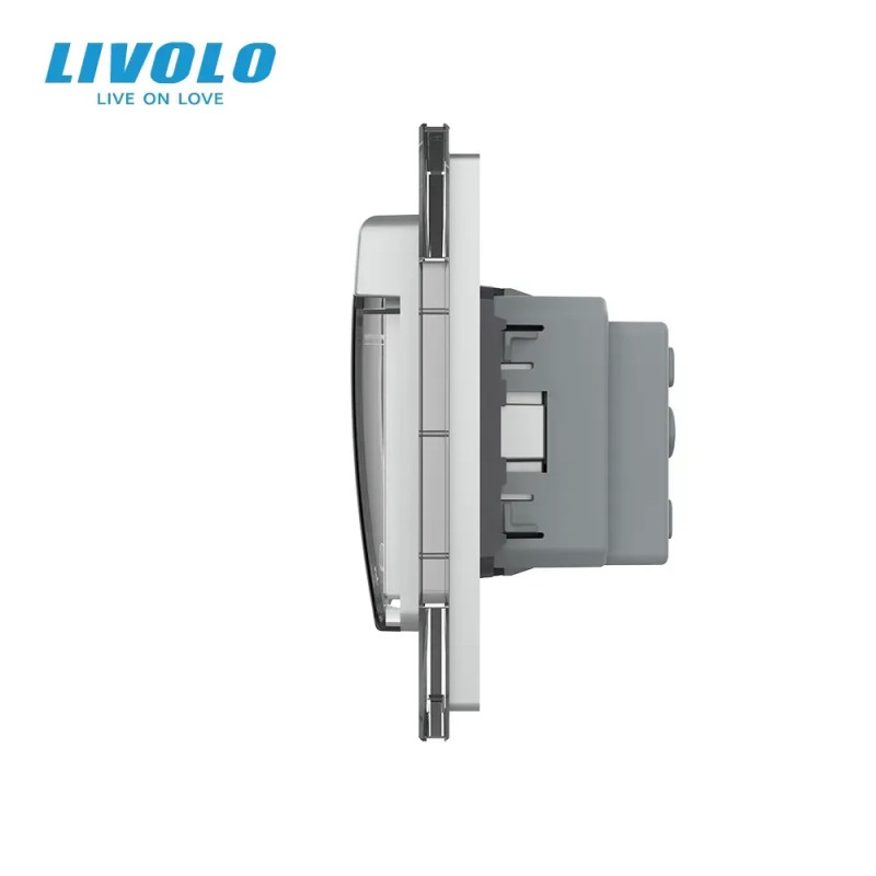 Сенсорний вимикач на 2 сенсори + подвійна розетка вологозахисна з кришкою IP44, з заземленням, сіра 