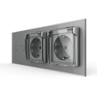 Сенсорный выключатель на 2 сенсора + двойная влагозащитная розетка с крышкой IP44, с заземлением, серая