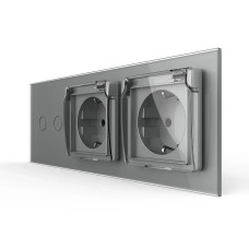 Сенсорный выключатель на 2 сенсора + двойная влагозащитная розетка с крышкой IP44, с заземлением, серая