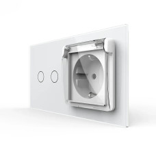 Сенсорный выключатель на 2 сенсора + розетка влагозащитная с крышкой IP44, с заземлением, белая стеклянная ма.