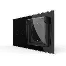 Сенсорный выключатель на 2 сенсора + розетка влагозащитная с крышкой IP44, с заземлением, черный стеклянный