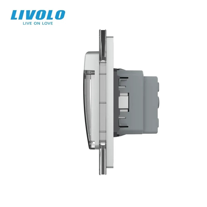 Сенсорный выключатель на 2 сенсора + розетка влагозащитная с крышкой IP44, с заземлением, серая стеклянная ма.