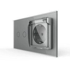 Сенсорный выключатель на 2 сенсора + розетка влагозащитная с крышкой IP44, с заземлением, серая стеклянная ма.