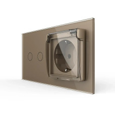 Сенсорный выключатель на 2 сенсора + розетка влагозащитная с крышкой IP44, с заземлением, золотая стеклянная