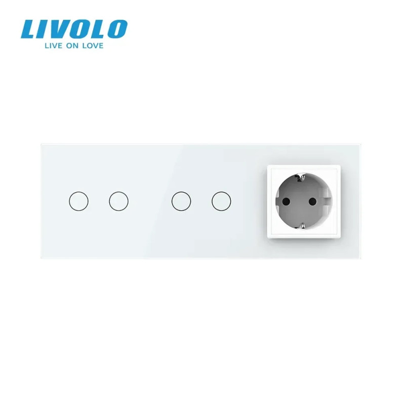 Сенсорний вимикач 4 сенсора (2-2) 1 розетка Livolo білий скло (VL-C702/C702/C7C1EU-11)