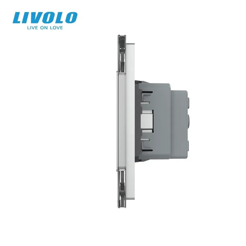 Сенсорний вимикач 4 сенсора (2-2) 1 розетка Livolo сірий скло (VL-C702/C702/C7C1EU-15)