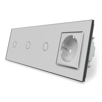 Сенсорный выключатель 3 сенсора (1-1-1) 1 розетка Livolo серое стекло (VL-C703/C7C1EU-15)