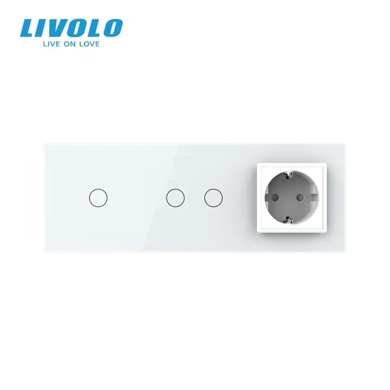 Сенсорний вимикач 3 сенсора (1-2) 1 розетка LIVOLO білий матовий скло
