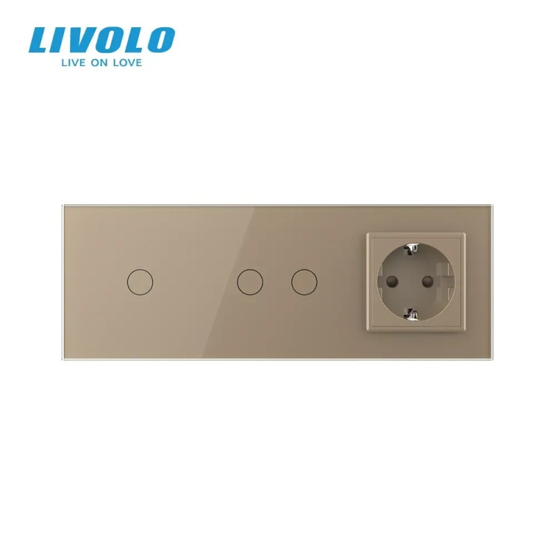 Сенсорный выключатель 3 сенсора (1-2) 1 розетка Livolo золото стекло (VL-C701/C702/C7C1EU-13)