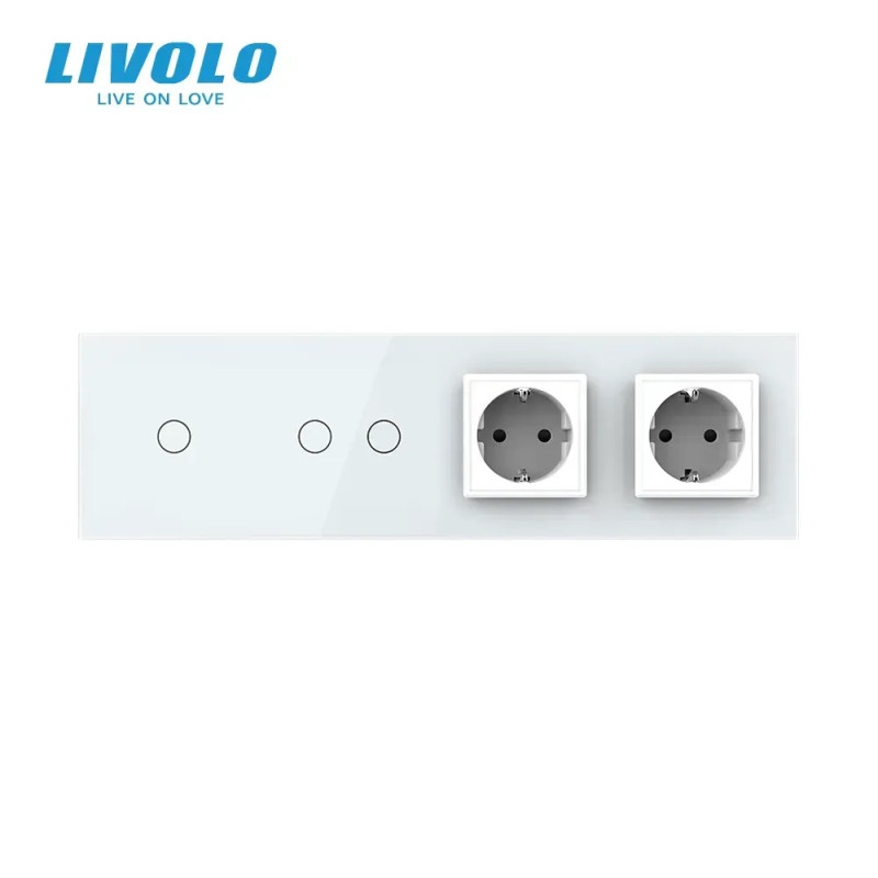 Сенсорний вимикач 3 сенсора (1-2) 2 розетки Livolo білий скло (VL-C701/C702/C7C2EU-11)