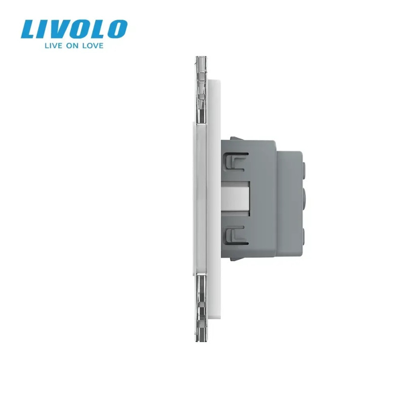 Сенсорний вимикач 3 сенсора (1-2) 2 розетки Livolo білий скло (VL-C701/C702/C7C2EU-11)