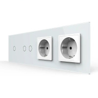 Сенсорный выключатель 3 сенсора (1-2) 2 розетки Livolo белое стекло (VL-C701/C702/C7C2EU-11)