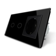 Сенсорный выключатель 2 сенсора 1 розетка LIVOLO черный матовый стеклянный