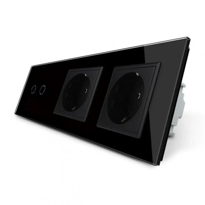 Сенсорний вимикач 2 сенсора 2 розетки LIVOLO чорний матовий скляний