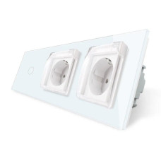 Сенсорный выключатель + двойная влагозащитная розетка с крышкой IP44, с заземлением, белая стеклянная матовая.
