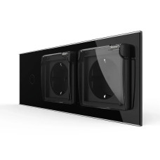 Сенсорный выключатель + двойная влагозащитная розетка с крышкой IP44, с заземлением, черная стеклянная матов.