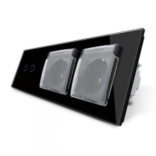 Сенсорный выключатель + двойная влагозащитная розетка с крышкой IP44, с заземлением, черная стеклянная рамка