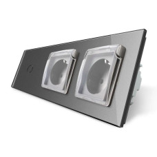 Сенсорный выключатель + двойная влагозащитная розетка с крышкой IP44, с заземлением, серая стеклянная матовая