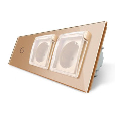 Сенсорный выключатель + двойная влагозащитная розетка с крышкой IP44, с заземлением, золотая стеклянная рамка.