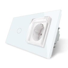 Сенсорный выключатель + влагозащитная розетка с крышкой IP44, с заземлением, белая стеклянная рамка, шторки,