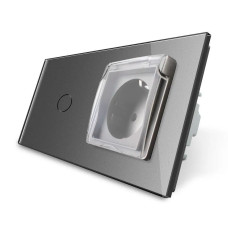 Сенсорный выключатель + розетка влагозащитная с крышкой IP44, с заземлением, серая стеклянная рамка, шторки,
