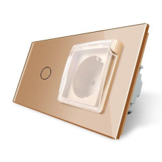 Сенсорный выключатель + розетка влагозащитная с крышкой IP44, с заземлением, золотая стеклянная рамка, шторки