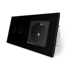 Умный сенсорный проходной/перекрестный выключатель 2 сенсора 1 розетка Livolo черное стекло (VL-C702SZ/C