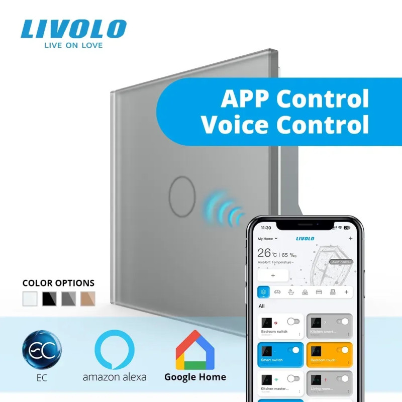 Умный сенсорный ЕС выключатель 1 LIVOLO серый серый матовое стекло