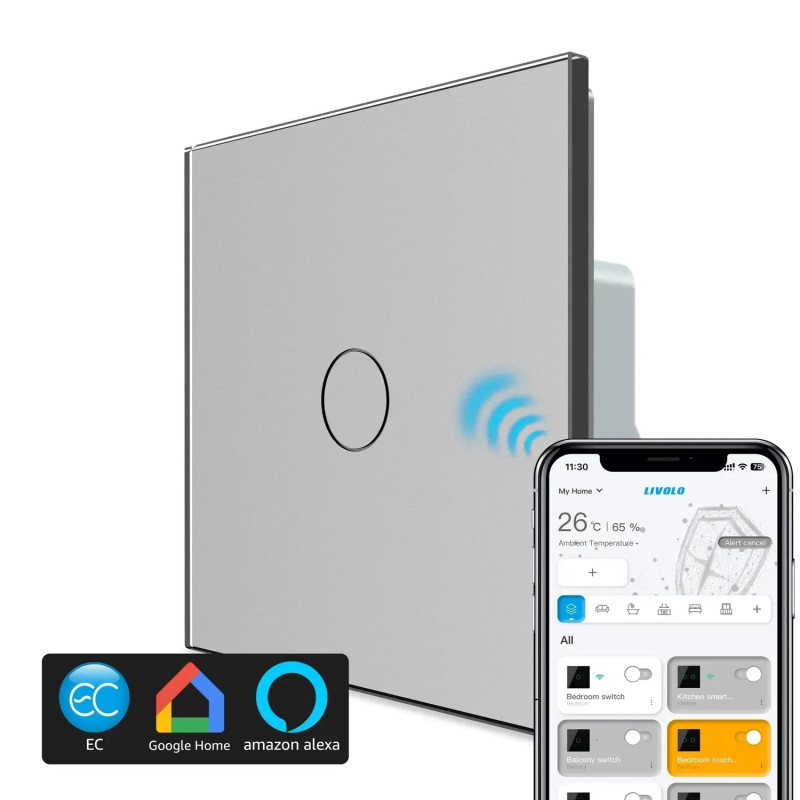 Умный сенсорный проходной/перекрестный выключатель EC 1 сенсор LIVOLO серый матовое стекло