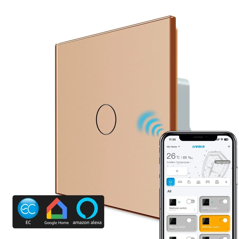 Розумний сенсорний прохідний/перехресний EC вимикач 1 сенсор Livolo золото скло (VL-M7FC1SZ2-2AP)
