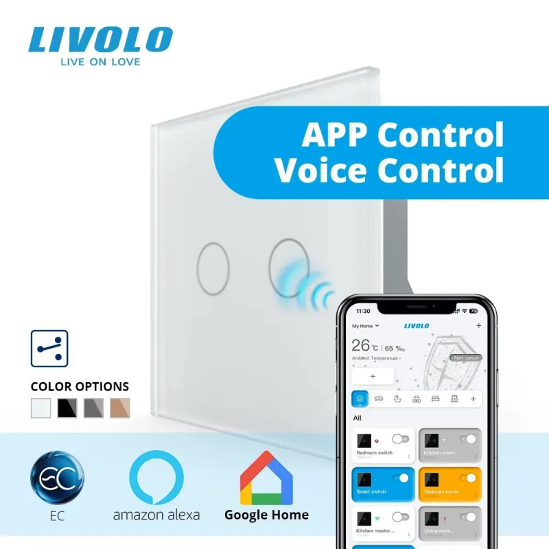 Розумний сенсорний прохідний/перехресний EC вимикач 2 сенсора LIVOLO білий матове скло