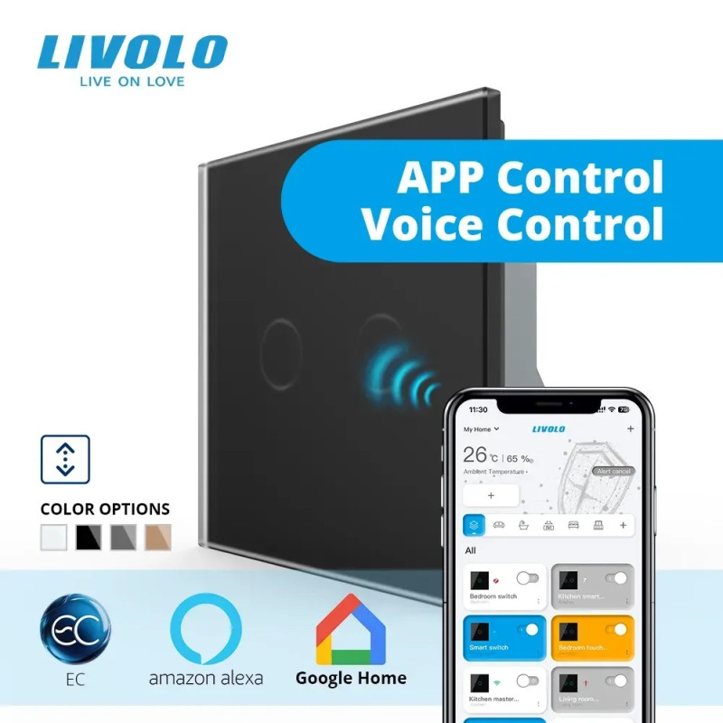 Умный сенсорный выключатель для роллет LIVOLO черный матовое стекло