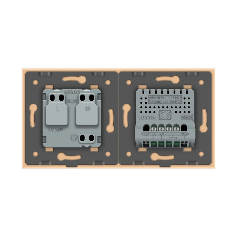 Розумний сенсорний EC вимикач 2 сенсора 1 розетка Livolo золото скло (VL-M7FC2Z2/FCTC16A-2AP
