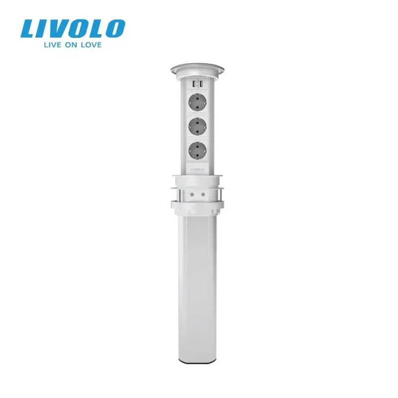 Умная Wi-Fi выдвижная тройная розетка с двойной USB и беспроводной зарядкой Livolo (VL-SHS010)