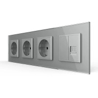 Розетка четырехместная комбинированная Силовая Интернет Livolo серое стекло (VL-C7C3EU1CK0-15)