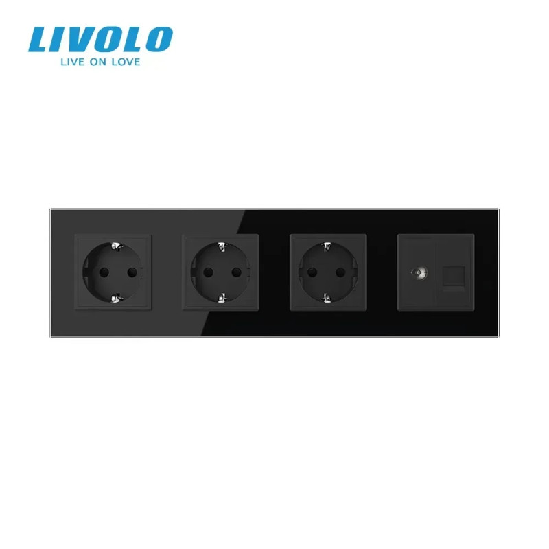 Розетка четырехместная комбинированная Силовая Интернет ТВ LIVOLO черное матовое стекло