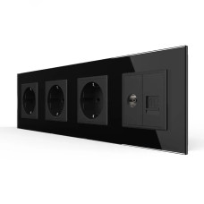 Розетка четырехместная комбинированная Силовая Интернет ТВ LIVOLO черное матовое стекло