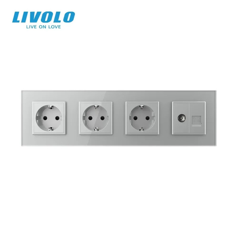 Розетка четырехместная комбинированная Силовая Интернет ТВ LIVOLO серое матовое стекло