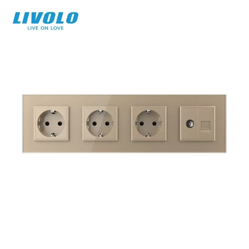 Розетка четырехместная комбинированная Силовая Интернет ТВ LIVOLO золотое матовое стекло