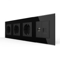 Розетка чотиримісна комбінована Силова Інтернет ТБ Livolo чорний скло (VL-C7C3EU1C1V-12)