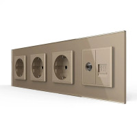 Розетка четырехместная комбинированная Силовая Интернет ТВ Livolo золото стекло (VL-C7C3EU1C1V-13)