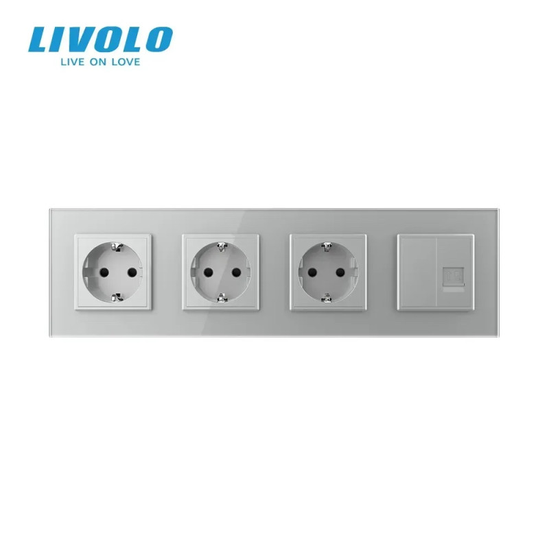 Розетка четырехместная комбинированная Силовая Интернет LIVOLO серое матовое стекло