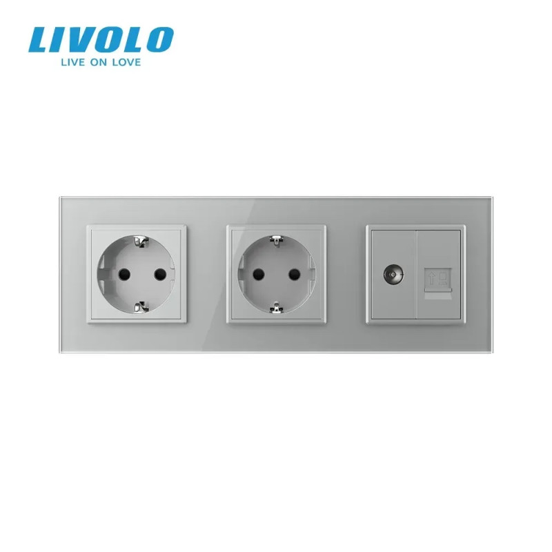 Розетка трехместная комбинированная Силовая Интернет ТВ LIVOLO серое матовое стекло