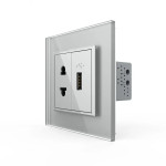 Розетка універсальна з USB розеткою LIVOLO сіра матова скло