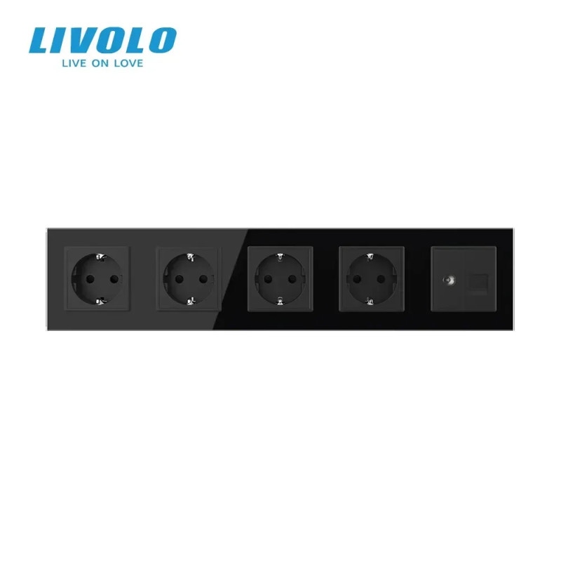 Розетка пятиместная комбинированная Силовая Интернет ТВ Livolo черное стекло (VL-C7C4EU1C1V-12)