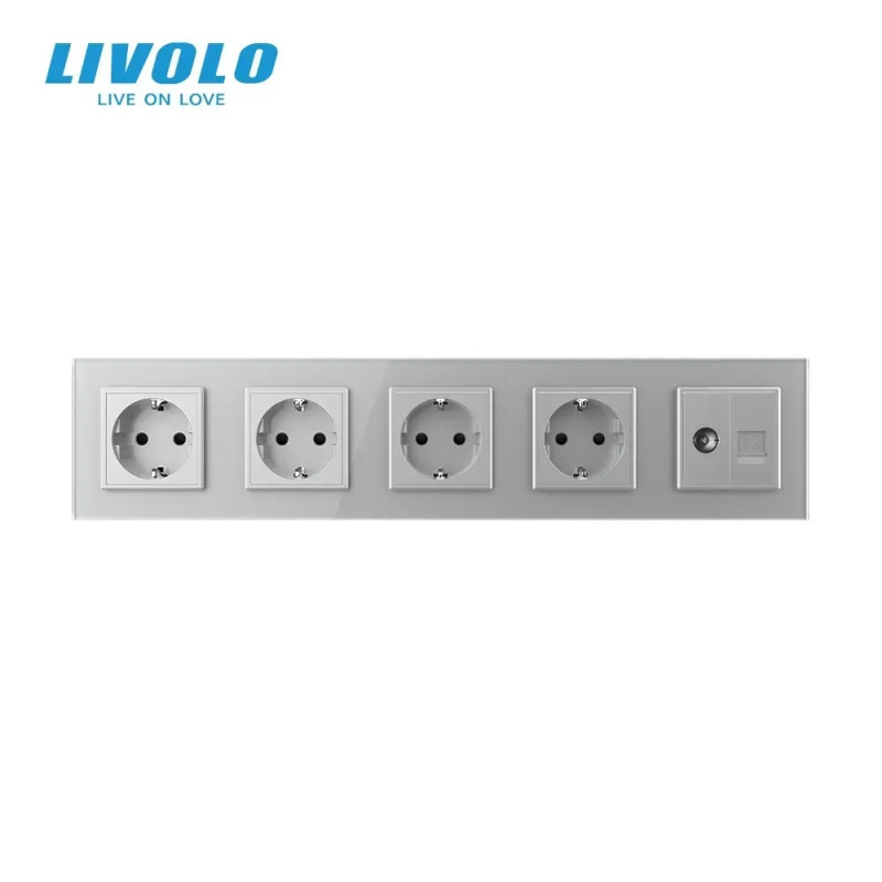 Розетка пятиместная комбинированная Силовая Интернет ТВ Livolo серое стекло (VL-C7C4EU1C1V-15)