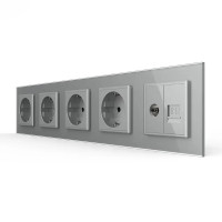 Розетка пятиместная комбинированная Силовая Интернет ТВ Livolo серое стекло (VL-C7C4EU1C1V-15)