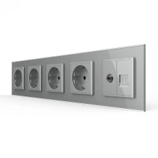 Розетка пятиместная комбинированная Силовая Интернет ТВ Livolo серое стекло (VL-C7C4EU1C1V-15)