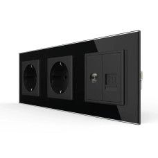 Розетка трехместная комбинированная Силовая Интернет LIVOLO черное матовое стекло