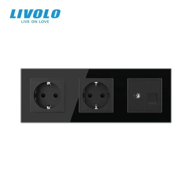 Розетка трехместная комбинированная Силовая Интернет Livolo черное стекло (VL-C7C2EU1CK0-12)